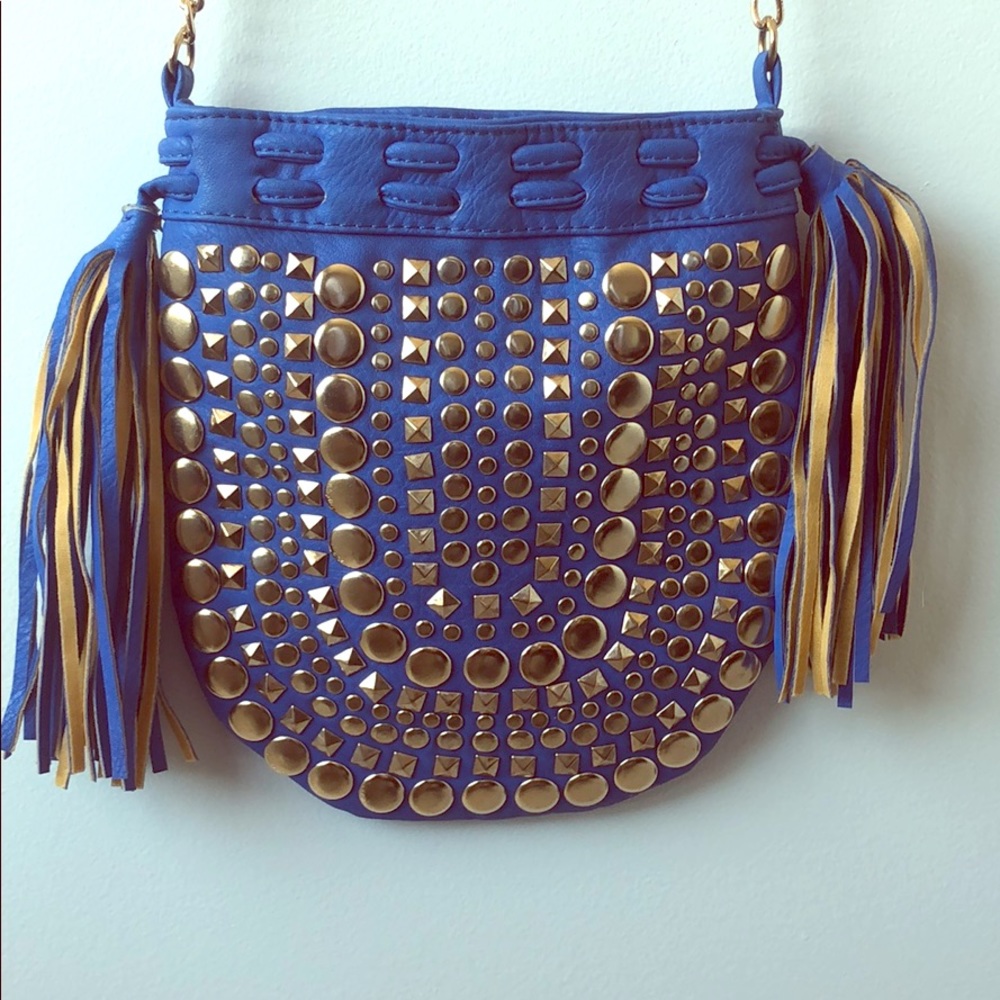 Boho blue crossbody with studded gold and fringe